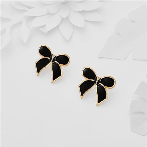 Elegant Black Bow Earrings – 18K Gold Plated, Chic and Shiny - Picture 4 of 6